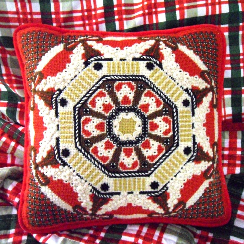 Vintage Needlepoint Pillow Red Geometric Christmas Holiday 12 x 12